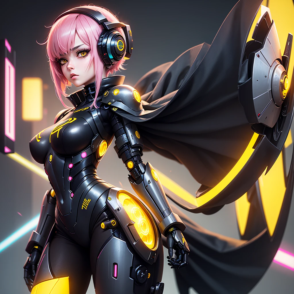 Robot Girl Android Sad Woman Beautiful sexy girl with yellow eyes Cyborg stands half-turn sideways Sadness Anime Style black dark background Cyberpunk robot costumes with yellow elements pink hair Lower part of the human body skin