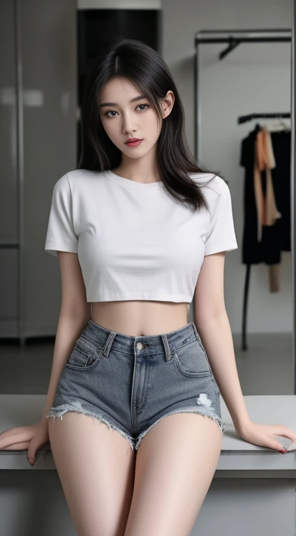 Close-up of woman in gray shirt and jeans, Wear a sexy crop top., wearing crop top, Wear a crop top.s, Photo of a thin young model, Wear simple, tight-fitting clothing., Thin waist and thick hips, Wear a crop top., Female model, 2 4 , With a torn cropped t-shirt, Thin waist, Thin waist, crop top