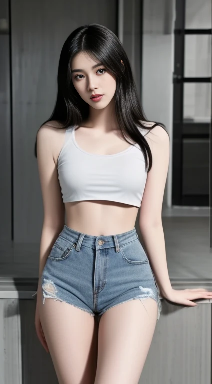 Close-up of woman in gray shirt and jeans, Wear a sexy crop top., wearing crop top, Wear a crop top.s, Photo of a thin young model, Wear simple, tight-fitting clothing., Thin waist and thick hips, Wear a crop top., Female model, 2 , With a torn cropped t-shirt, Thin waist, Thin waist, crop top