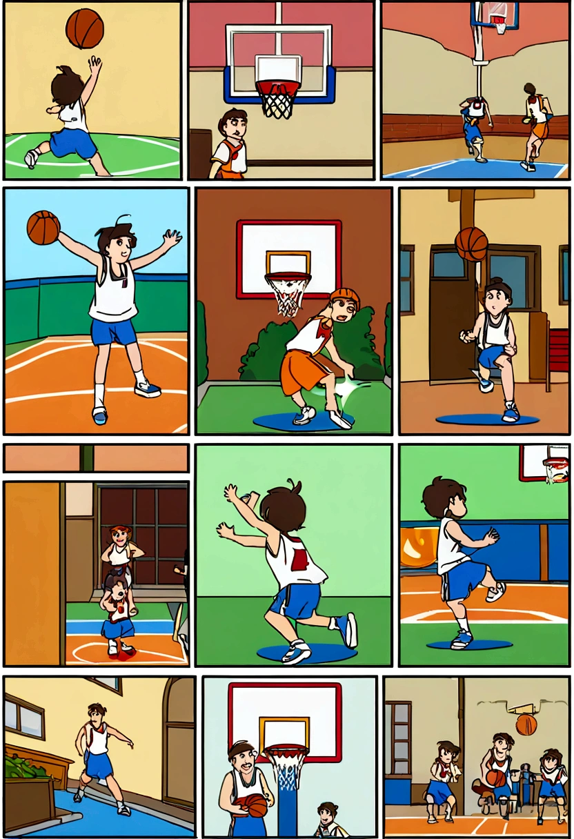 there is a basketball hoop with a basketball on it and a basketball ball hanging from the hoop, Emiliano Ponzi cartoon, dribble, Conceptual Art, basketball, from then on a basketball, Dunk, Animation stills, playing basketball, スラムDunk, scence of スラムDunk, Opening shot, Animated film stills, Poster, Airshot