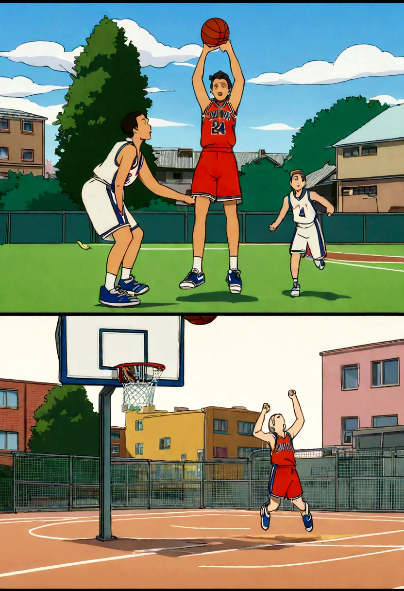 there is a basketball hoop with a basketball on it and a basketball ball hanging from the hoop, Emiliano Ponzi cartoon, dribble, Conceptual Art, basketball, from then on a basketball, Dunk, Animation stills, playing basketball, スラムDunk, scence of スラムDunk, Opening shot, Animated film stills, Poster, Airshot