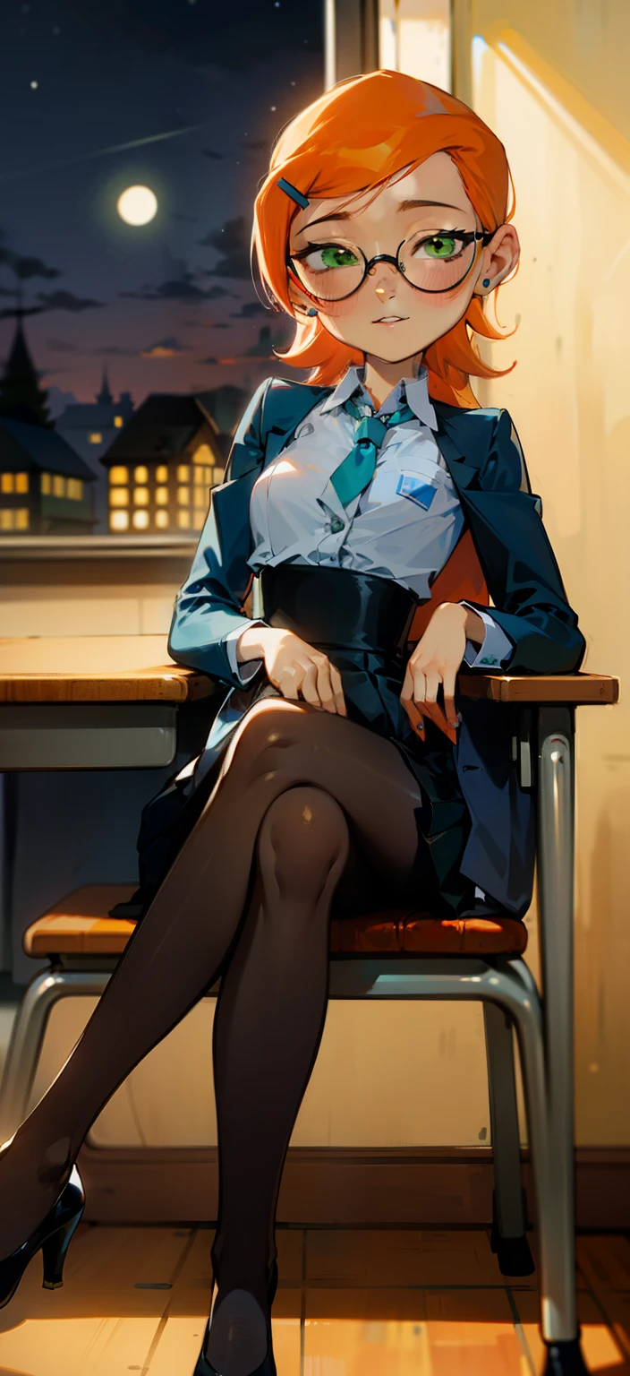 (Masterpiece), Best Quality, ultra-detailed, 1girl (Gwendolyn_Tennyson,  Slender and sexy body, lovely small breasts, orange hair, long wave hair, green eyes, half-closed eyes, spectacles), a come-hither face, smirk , parted lips, nose blush, blush, facing viewer, looking at viewer, solo, business suits,business  jacket, dark blue jacket, white y-shirts(buttons), necktie,  tight skirt,dark blue skirt, black pantyhose, black  heels, in the classroom, night time, , sitting,  sitting on desk, crossed_legs, come-on, lure,, Sexy waist teasing,  , Full-body 
