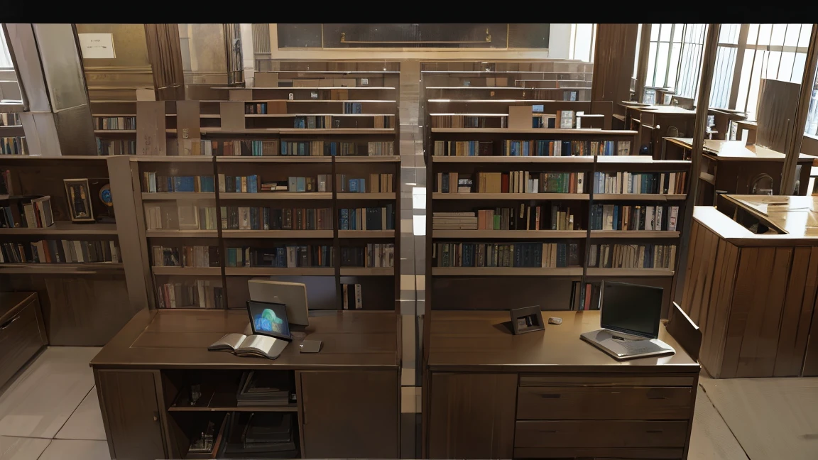 A narrow and dark study、The back wall is completely covered with bookshelves、There is one desk with a PC in the center.、No people