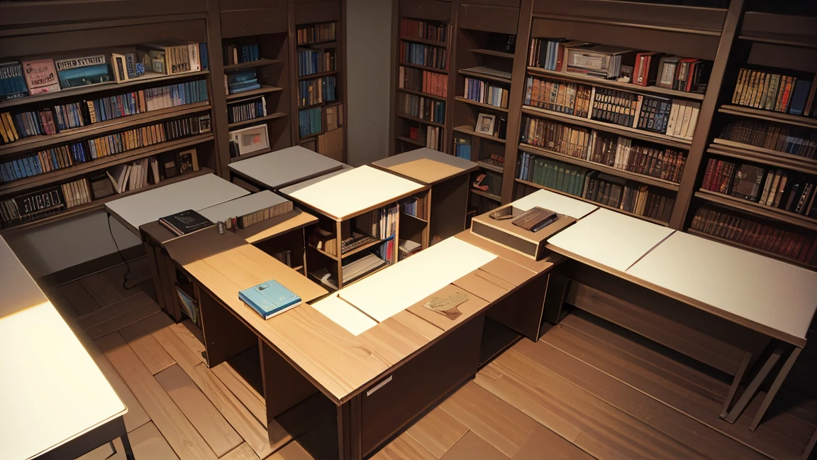 A narrow and dark study、The back wall is completely covered with bookshelves、There is one desk with a PC in the center.、No people
