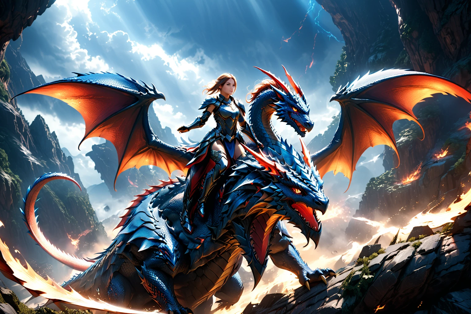 photorealistic, 1girl, paladin, red and black sci-fi armor, riding winged dragon, 2 dragon tails, blue dragon, smooth dragon texture, large dragon size, highly detailed, intricate, cinematic lighting, dramatic composition, epic fantasy, digital art, concept art, octane render, award winning