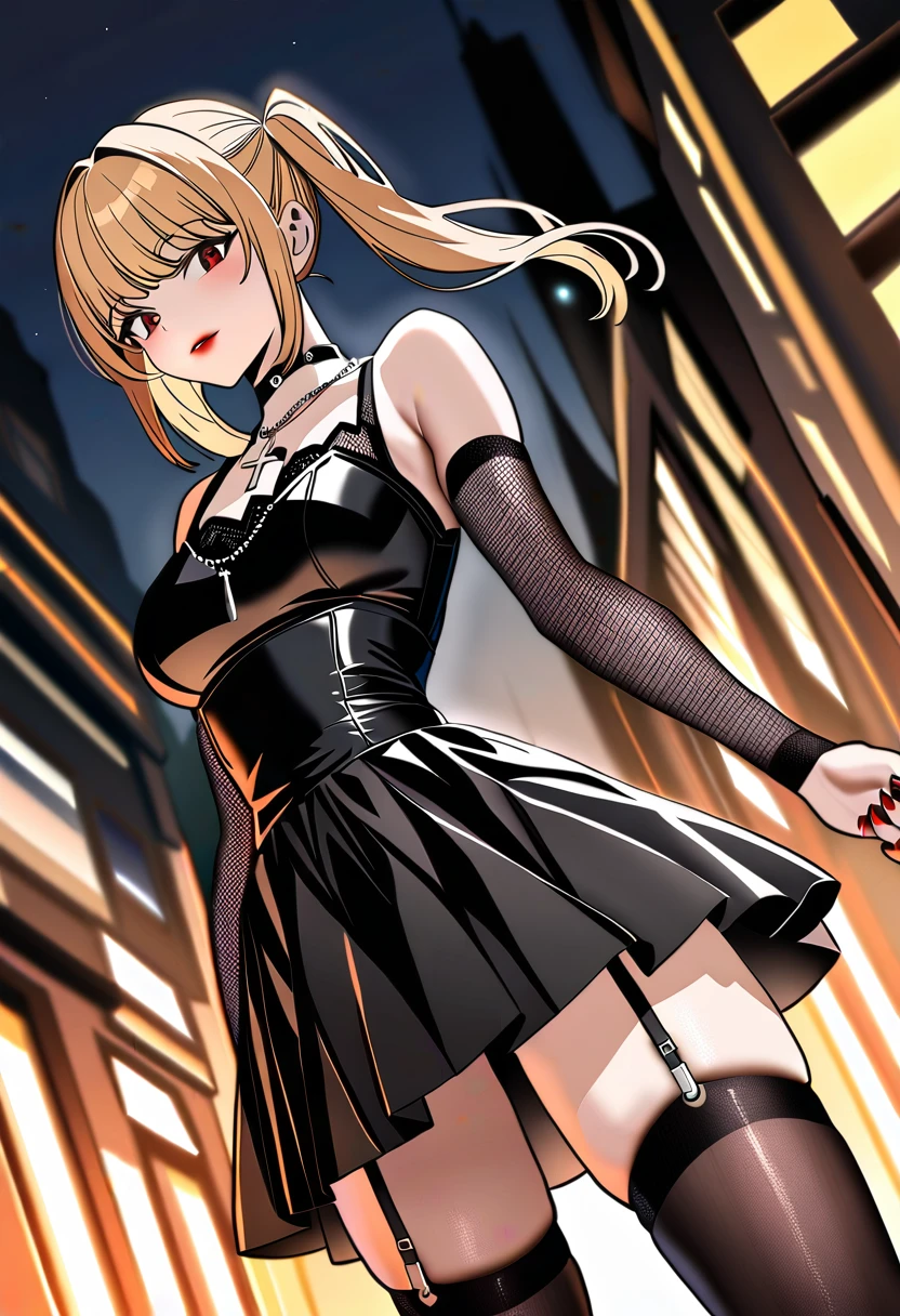 1girl,solo,amane misa, death note,super detailed skin,shiny skin,natural face,lips gloss,blonde hair,twintails,Goth,punk, thighhighs, dress, jewelry, collarbone, boots, detached sleeves, choker, black thighhighs, necklace, black footwear, black dress, sleeveless dress, garter straps, black choker, short dress, floral print, cross, red nails, cross necklace,,medium breasts,night city,dynamic angle,masterpiece,best quality,ultra detailed,high resolution,sharp focus,depth of field,