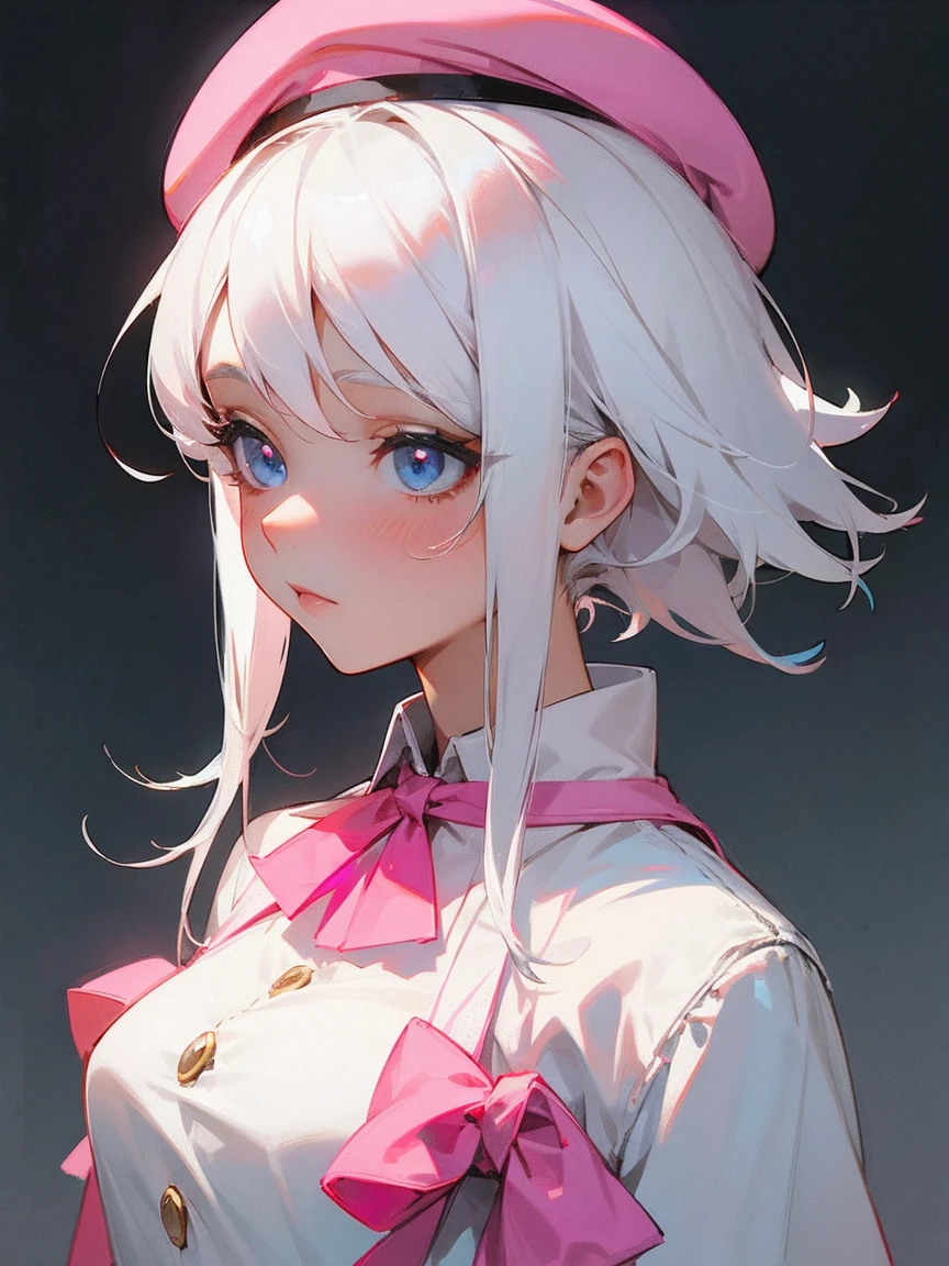 A girl, white hair, wearing pink beret.