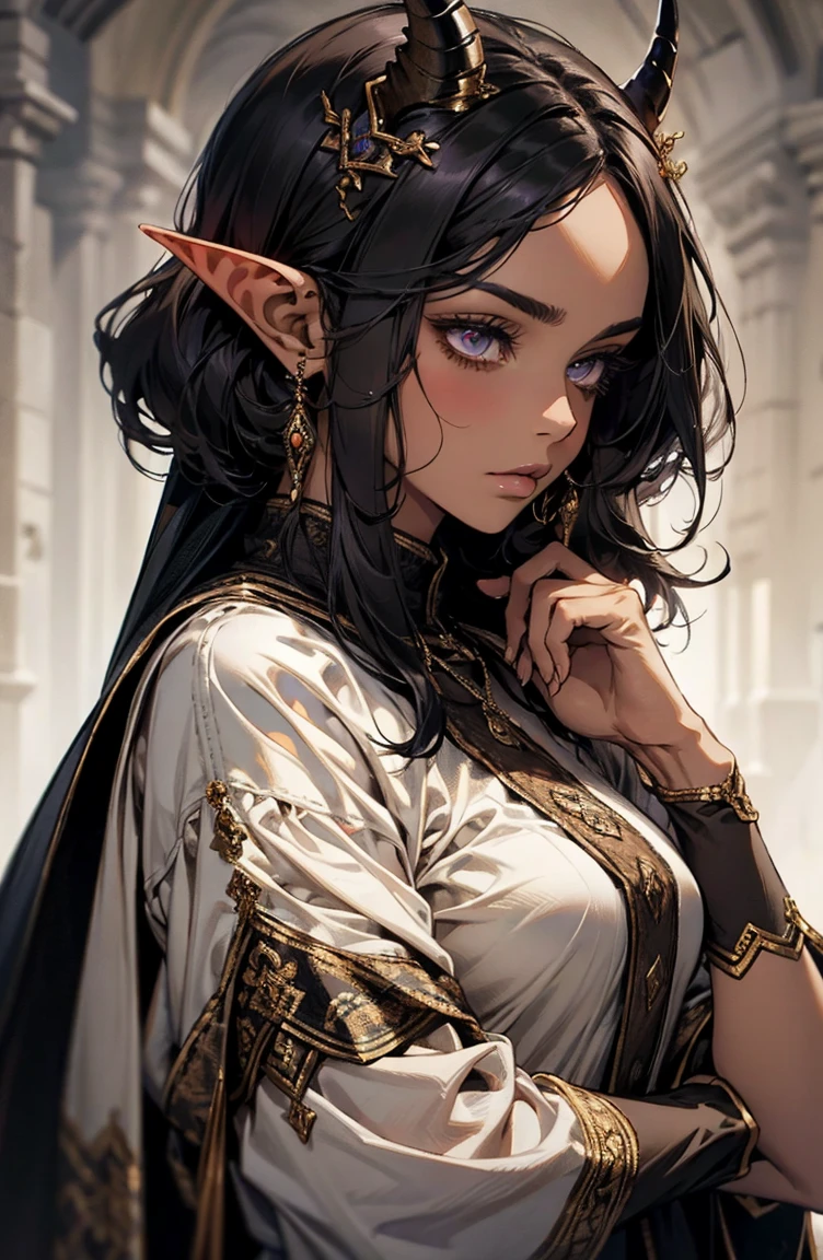 brown skin, older woman, sexy, tall, brown skin, one wing, black hair, elf, elf ears, horns, dark clothing, purple clothing
