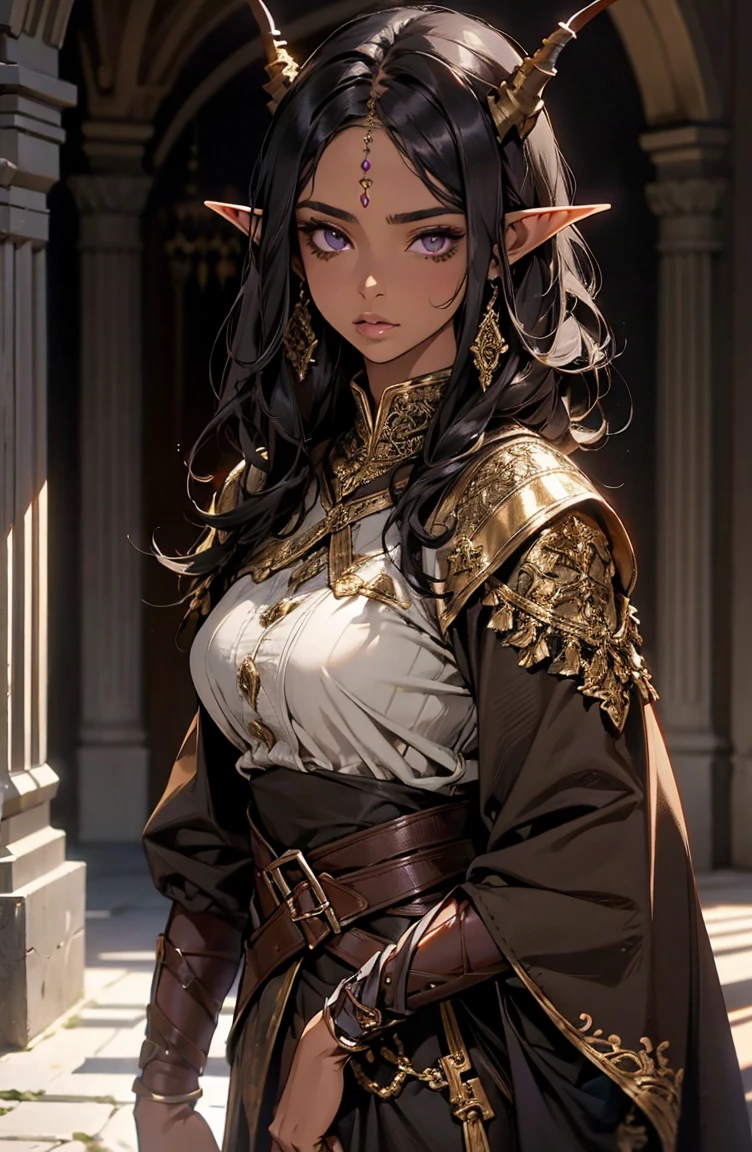 brown skin, older woman, sexy, tall, brown skin, one wing, black hair, elf, elf ears, horns, dark clothing, purple clothing