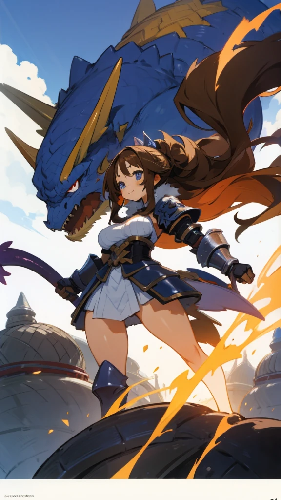 Anime, 1 girl, huge Brown hair, fluffy hairstyle, blue eyes, busty, gorgeous plumpy body, plump hips, heavy armored, Holding a gigantic weapon, dragon's wings, large tail, smiling