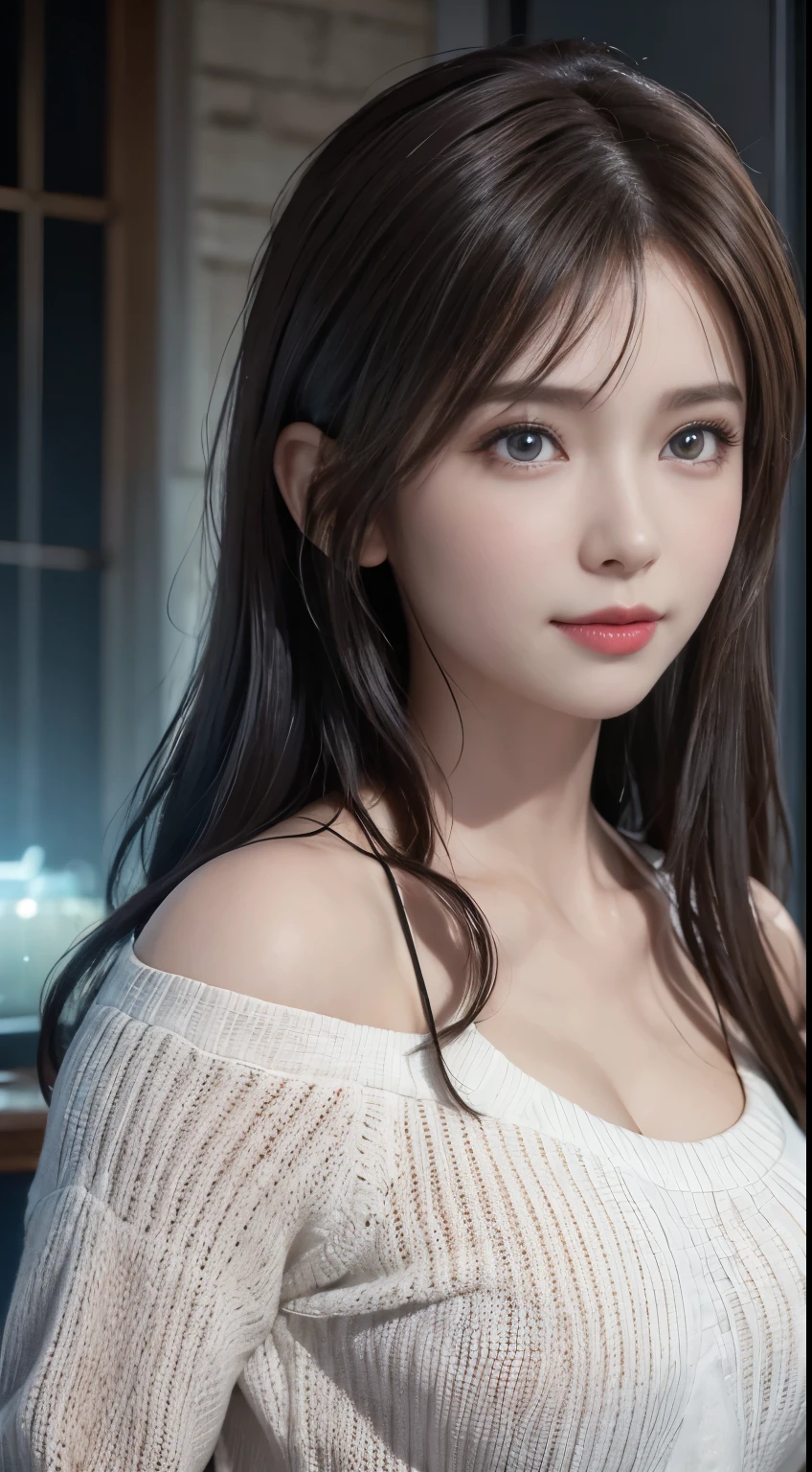 (logo, masterpiece, 8K, Tabletop, RAW Photos, wonderful, 最high quality, Photorealistic and very detailed CG composite 8k wallpaper, high quality, Very detailed, Narrative poem, Particle Effects, Dynamic Effects, Depth of the Boundary, Cinematic Light, Lens flare, Ray Tracing), short hair beautiful young woman, Hair tied back, high detail skin, very fine, fine skin texture, beautiful face, realistic eyes, beautifully detailed eyes, realistic skin, beautiful skin, surreal, smiling eyes, Hair and light eyes, Vibrant, Colorful lights and bokeh. The lighting casts a warm glow on her face and hair, Blue glow, Water surface reflection, Creates a dreamy and magical atmosphere, Big Breasts, Brown Hair, short hair, plump lower lip, pink blush on the cheeks , pink lips, brown tight no-shoulder knit sweater