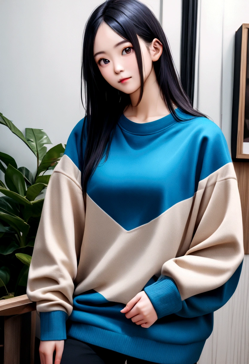Man, Straight Hair, Comfortable Sweatshirt, Blue Color, Photo Real Style