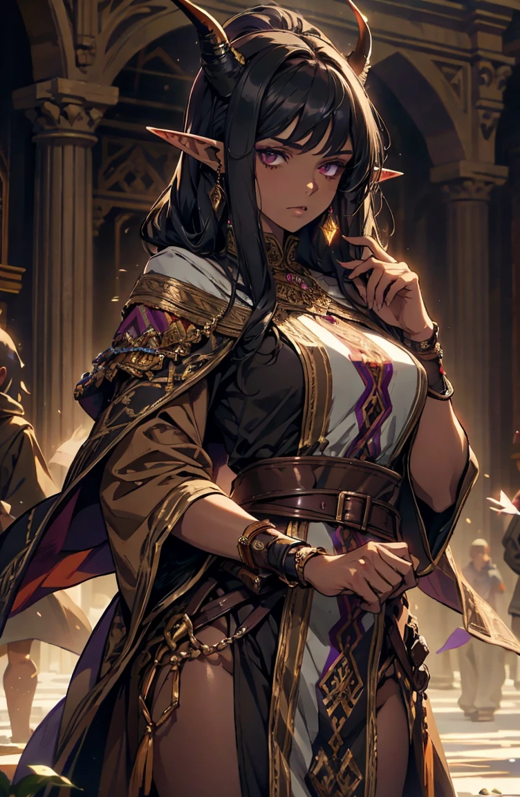 brown skin, older woman, sexy, tall, brown skin, one wing, black hair, elf, elf ears, horns, dark clothing, purple clothing