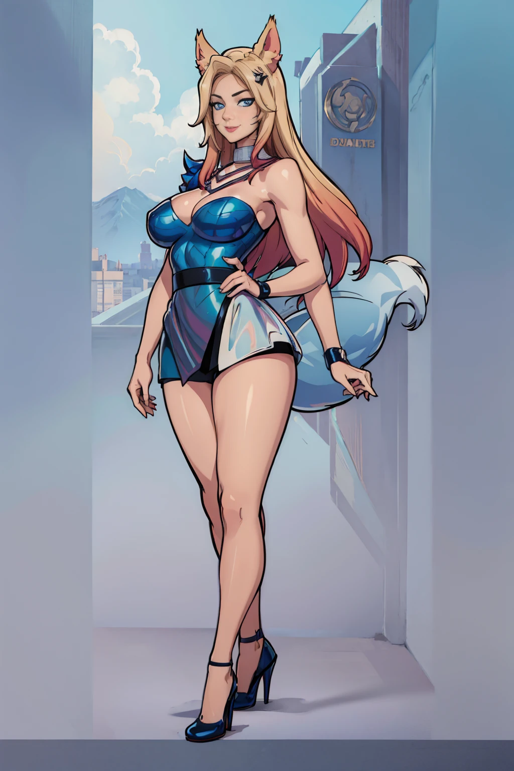 (((full body photo))) (masterpiece, official art), 1girls, solo, shortstackBT, shortstack, thick, curvy, curvaceous, blue eyes, long hair, ahri, incrsAhri, fox ears, fox tail, multiple tails, (bare legs, high heels), (closeup), portrait, (huge breasts), standing, view from front, simple background, looking at viewer, (upper body), smile, seductive, alluring attire