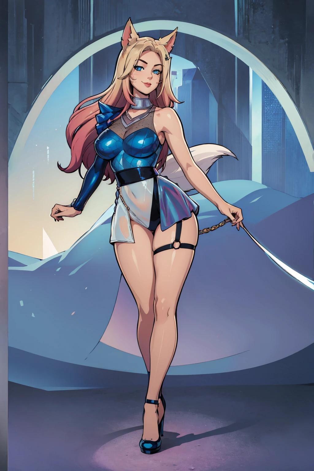 (((full body photo))) (masterpiece, official art), 1girls, solo, shortstackBT, shortstack, thick, curvy, curvaceous, blue eyes, long hair, ahri, incrsAhri, fox ears, fox tail, multiple tails, (bare legs, high heels), (closeup), portrait, (huge breasts), standing, view from front, simple background, looking at viewer, (upper body), smile, seductive, alluring attire