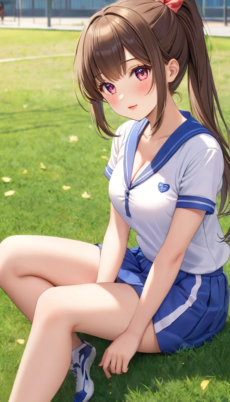 {{{{{16k,Ultra High-resolution realistic photograph of neat virgin -year school girl's in School-designated gym uniform with junior high ribbon as pretty as a actress in Grass schoolyard, She's in the first year of middle sl, but s developed, her cleavage tits are too beautiful, Her bra is showing through under her gym clothes, Aura of being irresistible, but a virgin}}}}},{{Extremely detailed}},{{{{{dye her cheeks flush and integrated her head pure small, thick lips, Enchanting thick gross idol's Lips}}}}},{{{{{the bang ponytail hair}}}}},{{{{{She get more attractive and smoother her body, her expression and appearance are transformed into that of a pure, Her white tits are so fluffy, and are depicted in great detail, but her sex appeal from her cleavage fills the schoolyard, her bodyline and tits and hips are getting cuter and cuter, She has been reborn as a pretty one-in-a-thousand-year girl with a sparkling aura of cuteness}}}}}