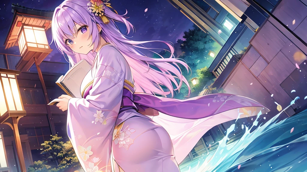 woman clear Light purple hair kimono Anime Style reading artist