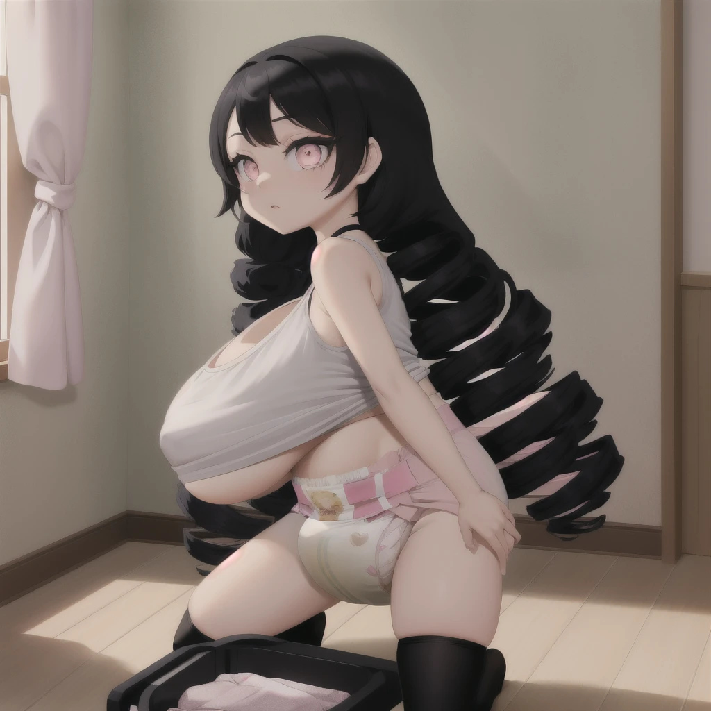 black hair, female, twin drills, solo, smol, pink eyes, massive breasts, oppai , very long hair, wear open cut black tight tank top and massive diaper, inside room, masterpiece, ultra high quality