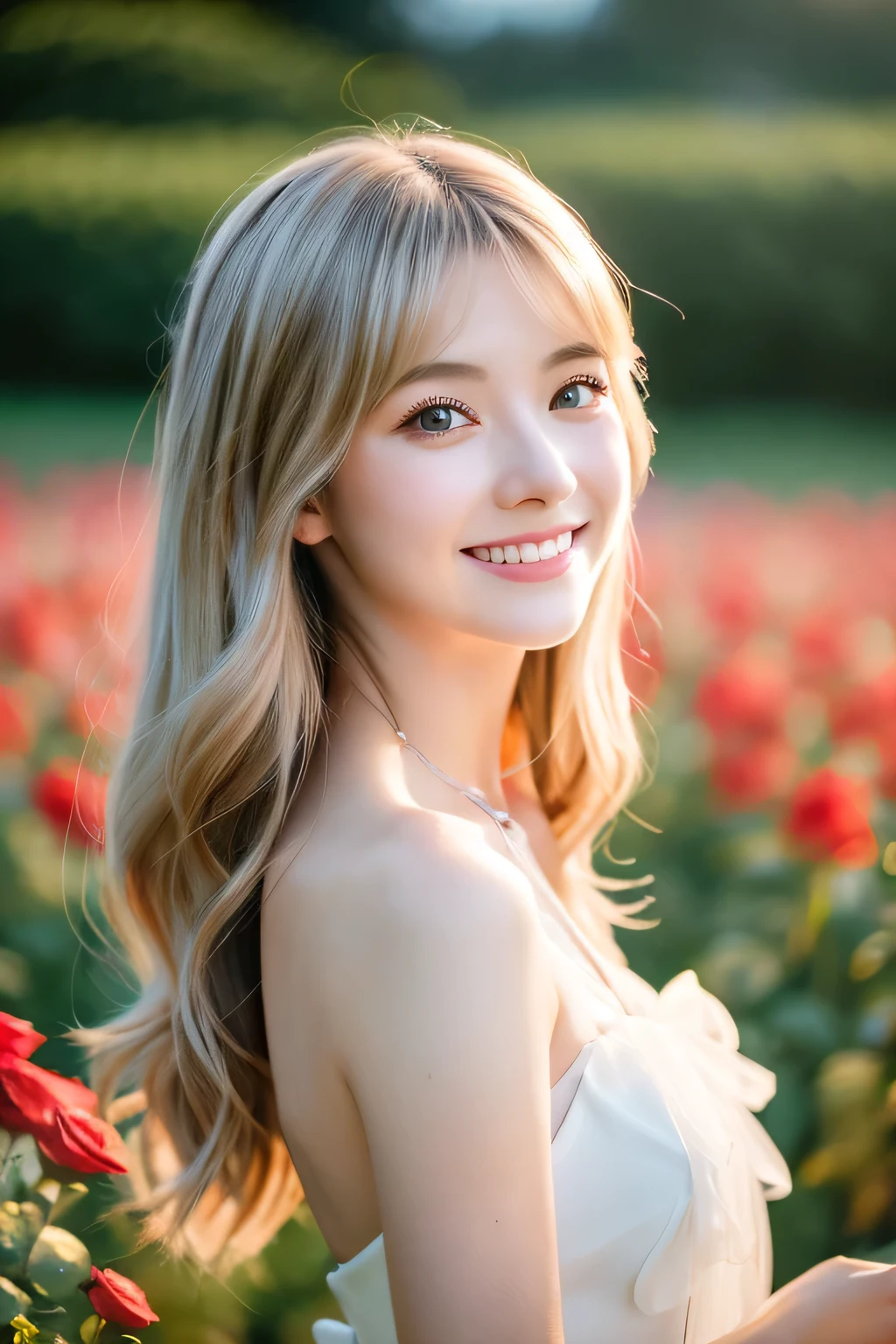 Overlooking, Panorama, perspective, Depth of written boundary, bust, Upper Body, Movie angle, Tabletop, Highest quality, Ultra-detailed, Hmph, 8k wallpaper, Beautiful Face, Delicate eyes, Landmines, alone, smile, Silver Hair, Golden Eyes, Fair skin, hair, Red scarf, White evening dress, Rose Field, Red flower, rose, Flower Field, petal, 舞い散るpetal, smile