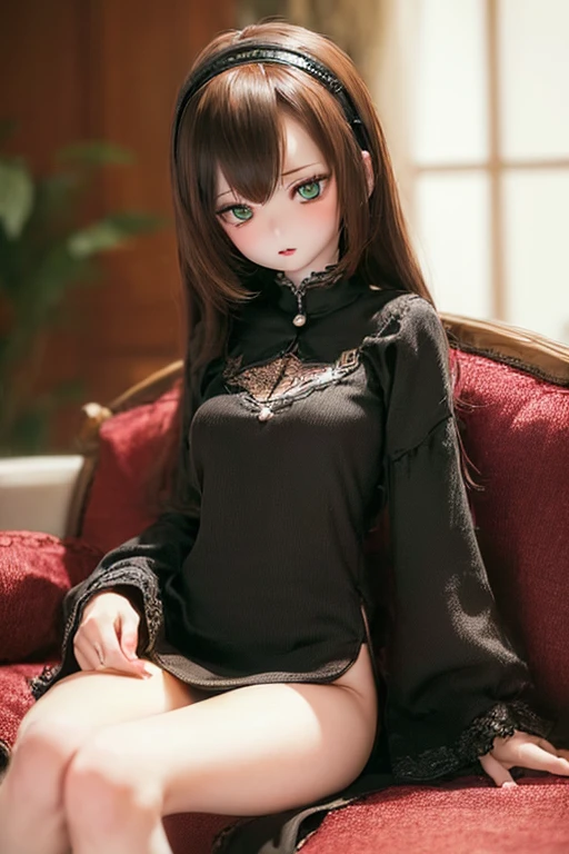 (SFW:2), photorealistic, realistic photo, ((highest quality)), ((masterpiece)), kukolnydom, doll, (mature woman:1.6), solo, ((eye level shot, sitting on sofa, reclining on sofa, skinny, slender, slim, brown hair, parted lips)), hairband, detailed face, green eyes, (looking down:1.3), (eyes out of focus, emotionless eyes, blank stare, empty eyes, detailed eyes, detailed face), blouse, castle, 8k