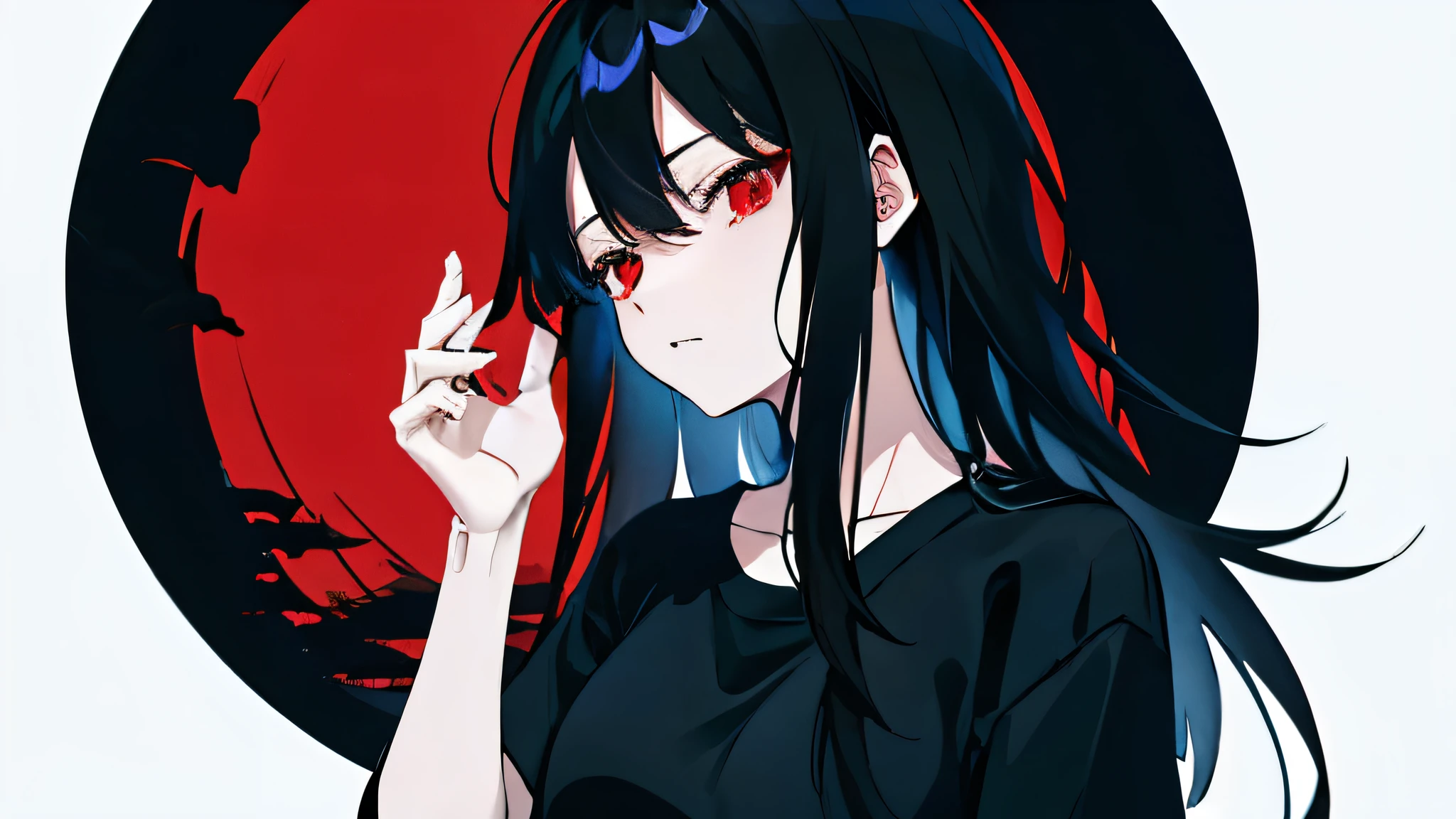 solo、With cruel motives、Dark atmosphere、Red Eyes、Wearing a loose plain black T-shirt、Black-haired woman, , Masami Kurumada style, inspired by Yukihiko Yasuda, Look straight ahead、Black background、Fingers above head、