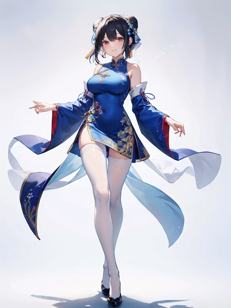Masterpiece, best, 1 female, blue clothes, blue cheongsam, full body photo, ancient Chinese style, white cloth bun bun, black hair, shoulders, big breasts, slender legs, smile, white pantyhose, pantyhose lace side, white underwear, pale pink lips, embroidered dress