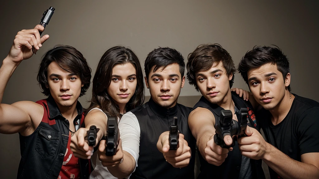 several people pointing guns in one direction