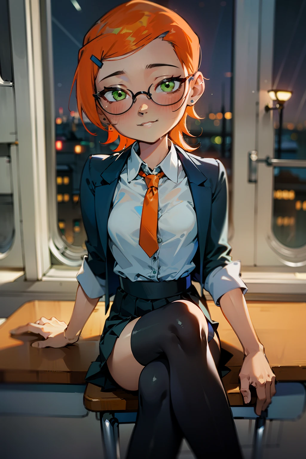 (Masterpiece), Best Quality, ultra-detailed, 1girl (Gwendolyn_Tennyson,  Slender and sexy body, lovely small breasts, orange hair, long wave hair, green eyes, half-closed eyes, spectacles), a come-hither face, smirk , parted lips, nose blush, blush, facing viewer, looking at viewer, solo, business suits, business jacket,  dark blue jacket, white y-shirts(buttons), necktie,  tight skirt,dark blue skirt, black lace thighhighs, in the classroom, night time, , sitting,  sitting on desk, crossed_legs, come-on, lure,, Sexy waist teasing,  , 