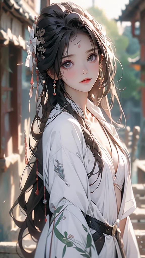 Masterpiece, high resolution, Screenshot, Best Quality, 1 girl, (scar on left eye), short white jacket, Very detailed, rule of thirds, jewelry, wide, hits, hair between the eyes