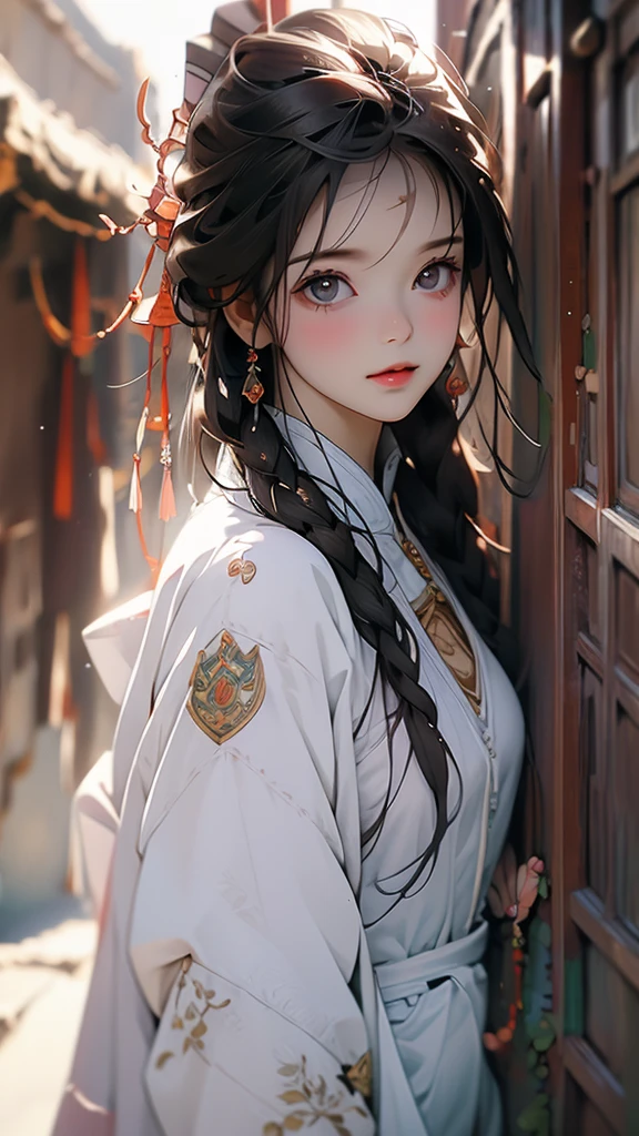 Masterpiece, high resolution, Screenshot, Best Quality, 1 girl, (scar on left eye), short white jacket, Very detailed, rule of thirds, jewelry, wide, hits, hair between the eyes