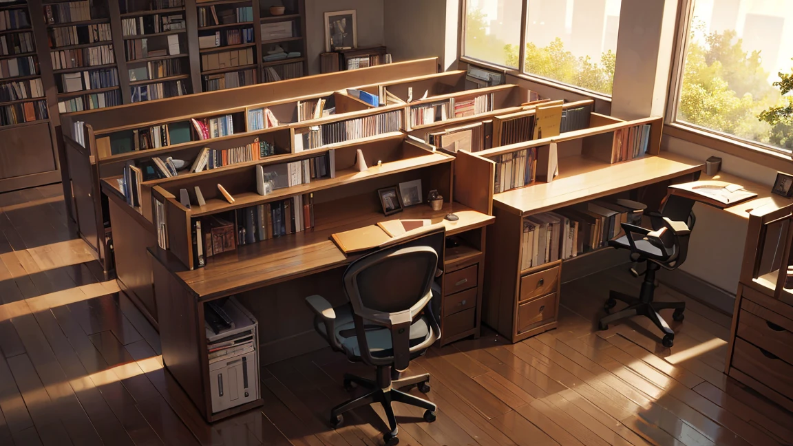 A narrow and dark study、The back wall is completely covered with bookshelves、There is one desk with a PC in the center.、No people