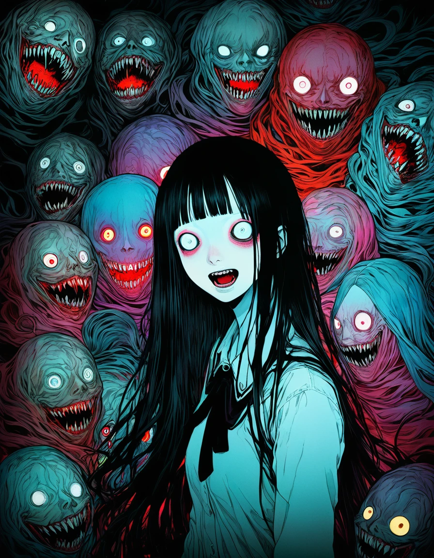 illust、art、horor, directed by Junji Ito、nightmare、anxiety、high detail, realsitic shadow、Analog style, chromatic aberration, Surrealism、Fantasy、nightmare的、hellish