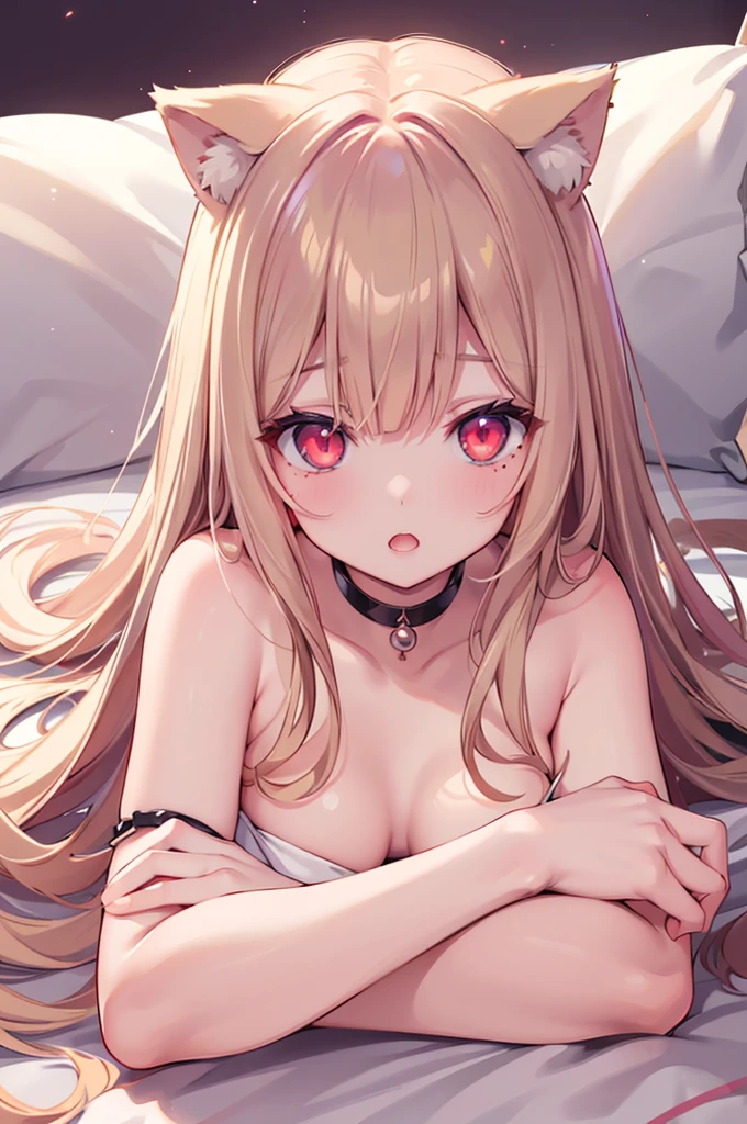 One girl、A little sexy、Blonde、Red sparkling eyes、detailed cute eyes,(glowing eyes:1.4),open mouth,((Droopy eyes))、Mole on left cheek Medium Curl Hair、Dog ears、Lying down、Golden Room、pearls choker,sensual pose,