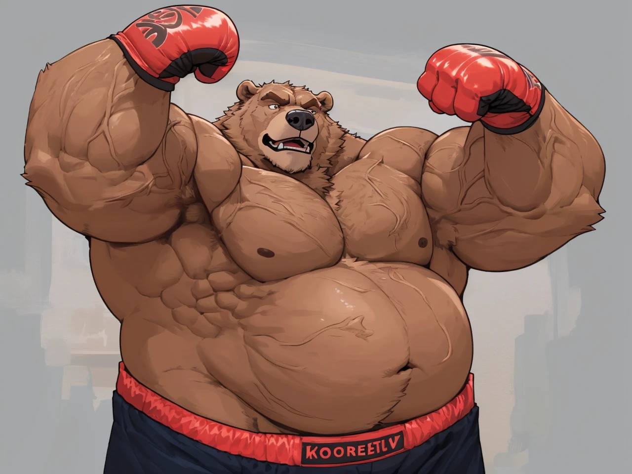 a huge muscular kodiak brown bear, extremely detailed brown fur, powerful pecs, beer belly, veins popping,red boxing gloves, black boxing pants with red line, flexing for boxing victory, masterpiece, 8k, ultra-detailed,realistic,photo-realistic,physically-based rendering,vivid colors