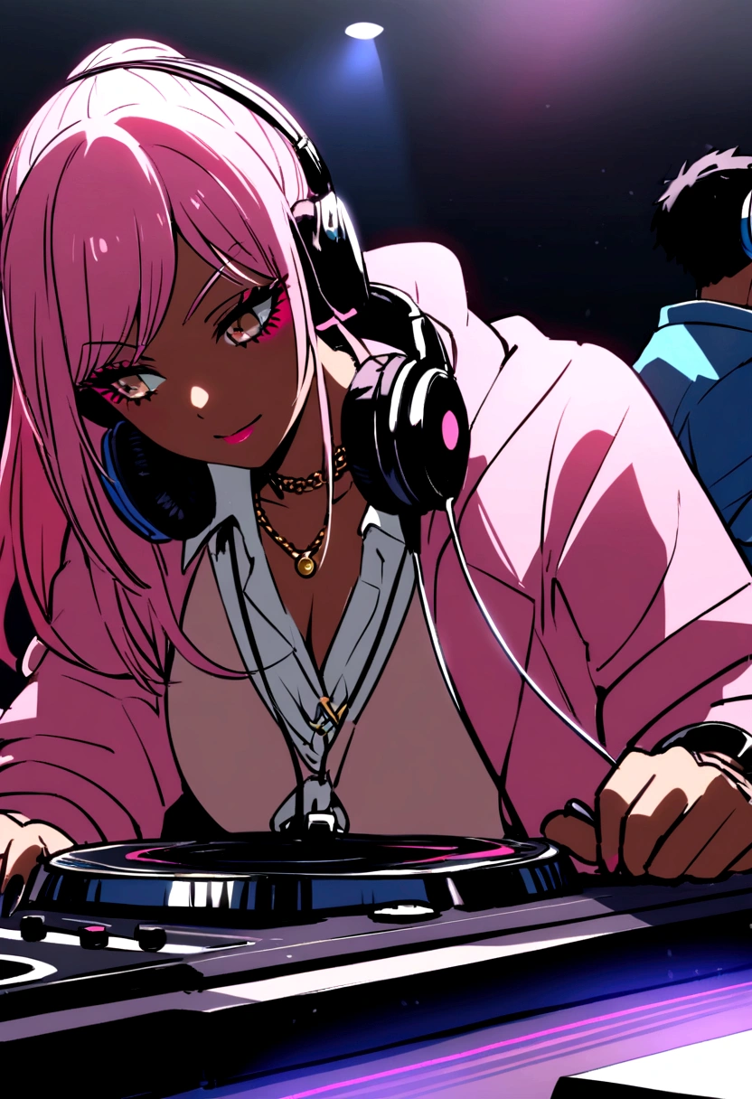 two people. a girl with pink hair, with dark complexion, gyaru makeup, ropa gyaru beach. a black haired boy with headphones playing on a dj table.