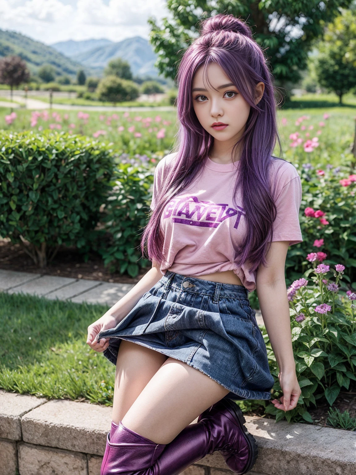 Valle stardew, girl with purple hair, pink t-shirt, Red skirt, purple boots