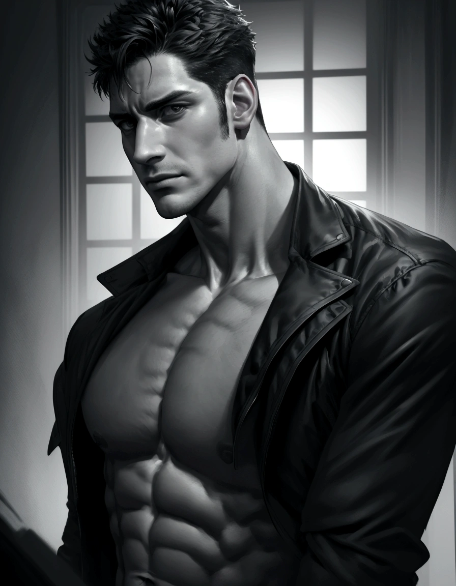 a handsome man with a big chest in a black jacket, big pecs, extremely detailed facial features, sharp focus, highly detailed skin, shirtless, realistic hyper-detailed portrait, photorealistic, cinematic lighting, high contrast, vivid colors, 8k, masterpiece