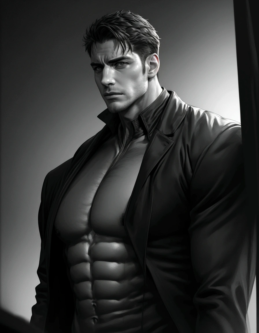 a handsome man with a big chest in a black jacket, big pecs, extremely detailed facial features, sharp focus, highly detailed skin, shirtless, realistic hyper-detailed portrait, photorealistic, cinematic lighting, high contrast, vivid colors, 8k, masterpiece