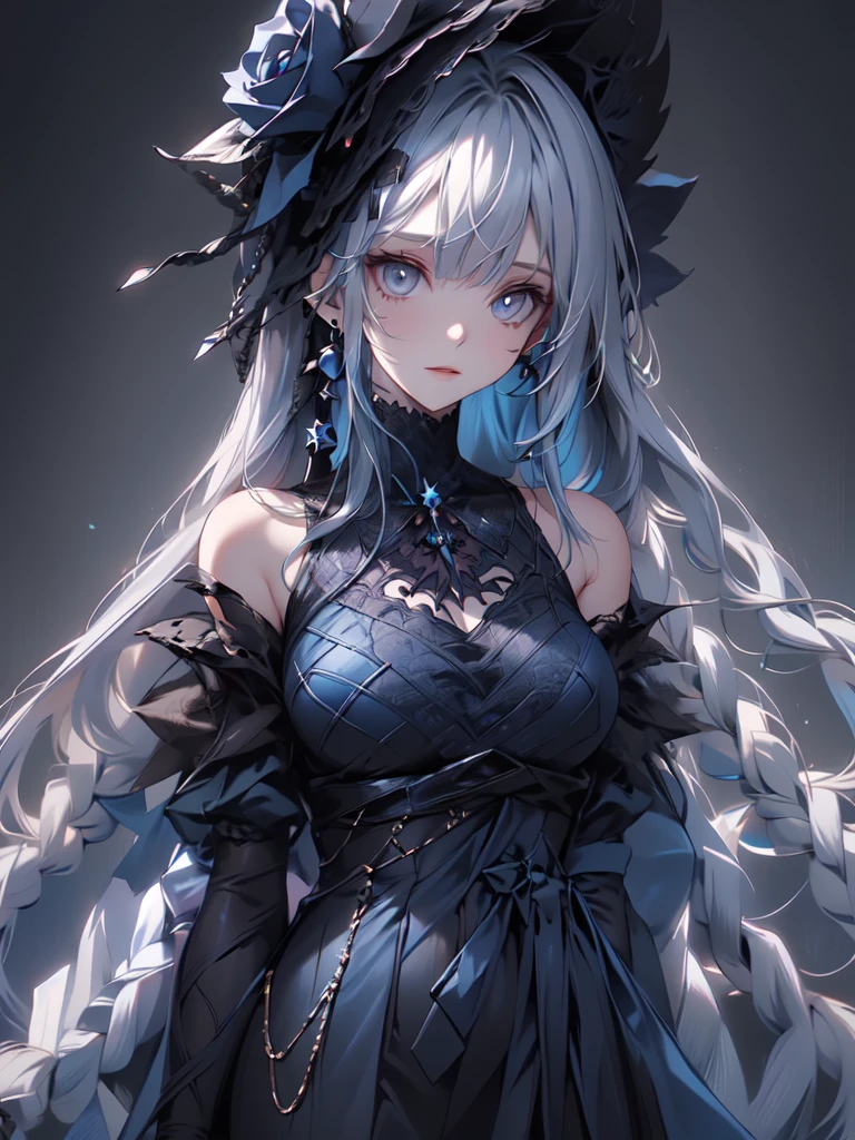 (masterpiece:1.2), highest quality, 1 female, alone, long long gray hair, very long hair, bangs, (dark blue background:1.4), dark blue eyes, black bonnet with dark blue rose decoration, black gothic dress