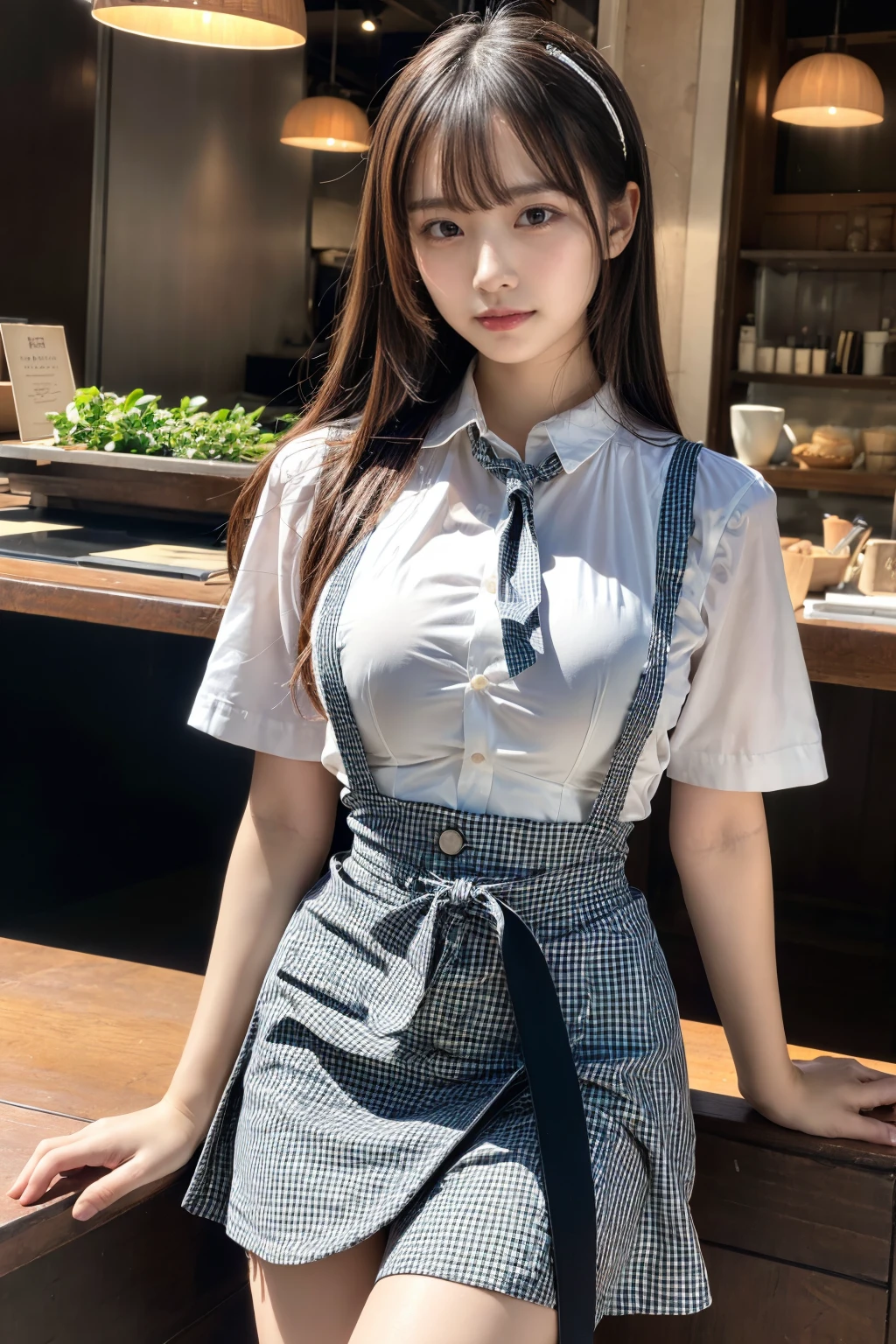 (8K, RAW Photos, Highest quality, masterpiece:1.3), (professional photography, full colors, studio-caliber color grading), (Gravure quality for high-end fashion magazines), BREAK, 1girl, (boyish:1.15), (mannish:1.1), (double-breasted,underbust:1.2), (Plumpy body:1.2), (smooth skin:1.1), (breasts:1.2), BREAK, (gingham-check suspender-apron:1.2), (solid-blue high-waist skirt:1.2), (apron over skirt:1.1), (white blouse:1.2), short sleeves, button gap, (solid-blue bow-tie:1.1), BREAK, dynamic pose, cafe, Restaurant,
