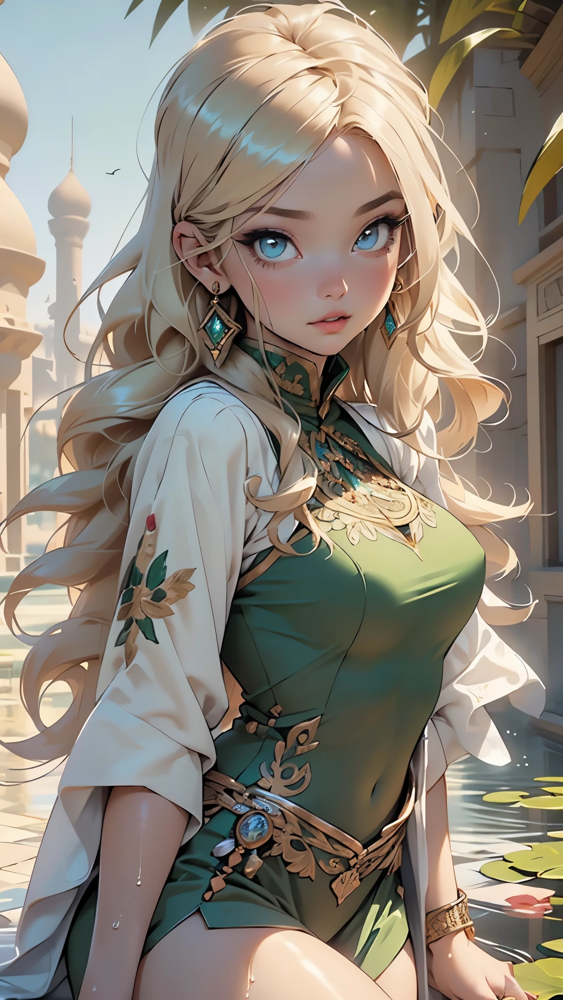arabian girl,1girl,

(large breasts:1.4),((((long blonde hair,blonde hair,colored inner hair)))),(((blue_eyes:1.3))),intricate eyes,beautiful detailed eyes,symmetrical eyes,((((lustrous skin:1.5,tanned skin,bright skin: 1.5,skin tanned,shiny skin,very shiny skin,shiny body,Reflective skin)))),(spider lower abdomen,narrow waist,wide hip,athletic body,inflated legs,thick thighs,(detailed face)),beautiful detailed lips,

cute,slutty,sensual,seductive look,seductive,((erotic)),opulent,sumptuous,((nsfw)),

((arabian princess:1.5),Wearing a complex headscarf,Long vest,Gold embroidery and jewelry),arabian accessories,(arabian jewelry in her arms),earrings,(((eyeshadow,arabian makeup,eyelid makeup))),(((green clothes,green outfit,wet clothes,intricate outfit,embroidered outfit,ornate outfit,intricate cloth,embroidered cloth,ornate cloth))),

(dynamic pose:1.3), looking at viewer,embarrassed,centered,scale to fit dimensions,Rule of thirds,

outdoors,(Arab palace,Arab palace background,pyramids in the background),scenery,(oasis,oasis background),extremely scenery,(puddles everywhere,moss,moss on the background),clouds,Arab style,Arab castle,lily pads,palms,reeds,(sunset, golden hour),

(Glossy Arab ornaments),highres,sharp focus,(ultra detailed,extremely detailed),(photorealistic artwork:1.37),(extremely detailed CG unity 8k wallpaper),(((vibrant colors,vibrant theme))),(intricate),(masterpiece),(best quality),artistic photography,(photography taken by sldr),(intricate background),perfect rendered face,perfect face details,realistic face,photo realistic,((intricate detail)),(((realism))),
