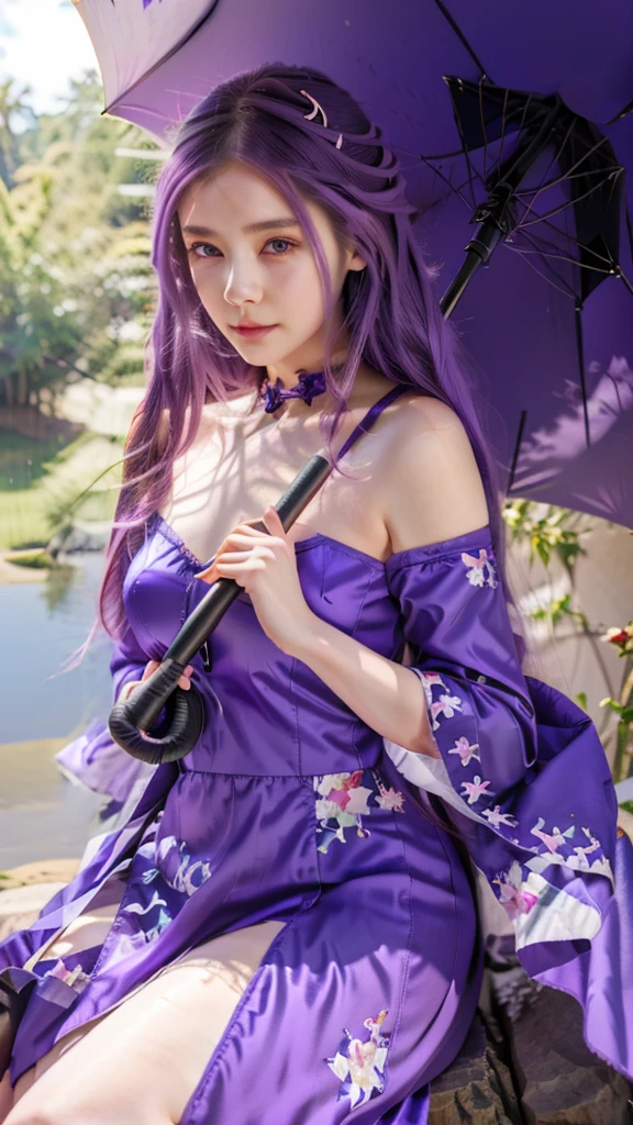anime girl with purple hair and purple dress holding an umbrella, beautiful anime woman, cute anime style, ”beautiful anime woman, anime girl with long hair, beautiful alluring anime woman, cute anime girl, anime woman, beautiful anime art style, white haired deity, beautiful anime art, anime style digital art, Anime digital art, anime woman fullbody art, female anime character