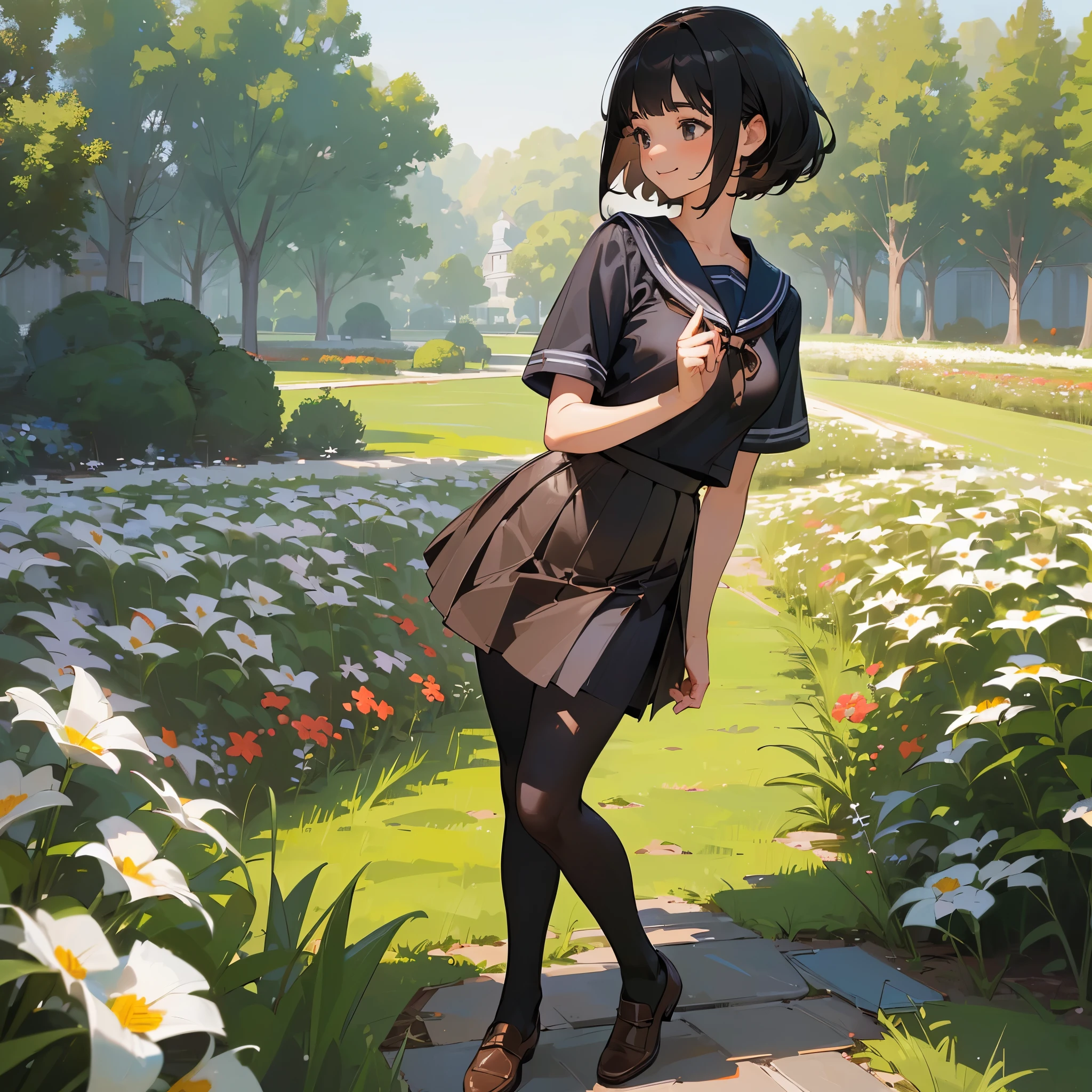 (Highest quality, High resolution, Super detailed, Realistic:1.37), Peaceful atmosphere, (Outdoor, garden), Teenage girl standing alone,(my breasts are big.),Beautifully detailed features, Cute Smile, ((Black bob hair)),Short-sleeved sailor uniform, Pleated skirt,Black tights,Brown leather shoes.