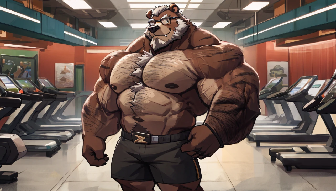 solo, 1boy, Huge Muscular Old bear wearing glasses, brown fur, hairy pectoral, huge pectoral, wide pectoral, short white hair, short pants and shirtless, bearded, mustache, simple background, masterpiece, high detailed, 8k, high resolution