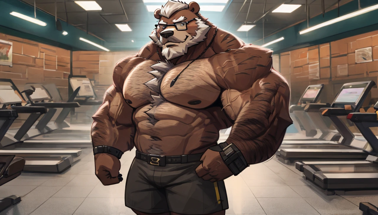 solo, 1boy, Huge Muscular Old bear wearing glasses, brown fur, hairy pectoral, huge pectoral, wide pectoral, short white hair, short pants and shirtless, bearded, mustache, simple background, masterpiece, high detailed, 8k, high resolution