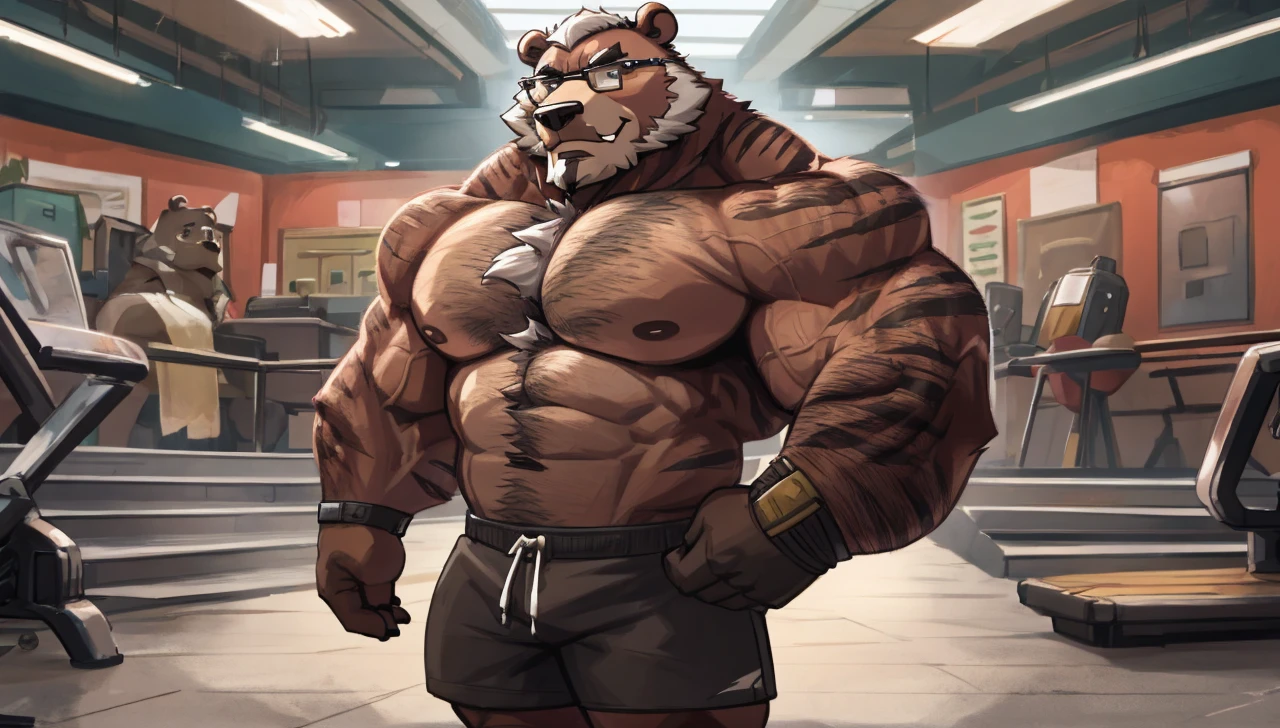 solo, 1boy, Huge Muscular Old bear wearing glasses, brown fur, hairy pectoral, huge pectoral, wide pectoral, short white hair, short pants and shirtless, bearded, mustache, simple background, masterpiece, high detailed, 8k, high resolution