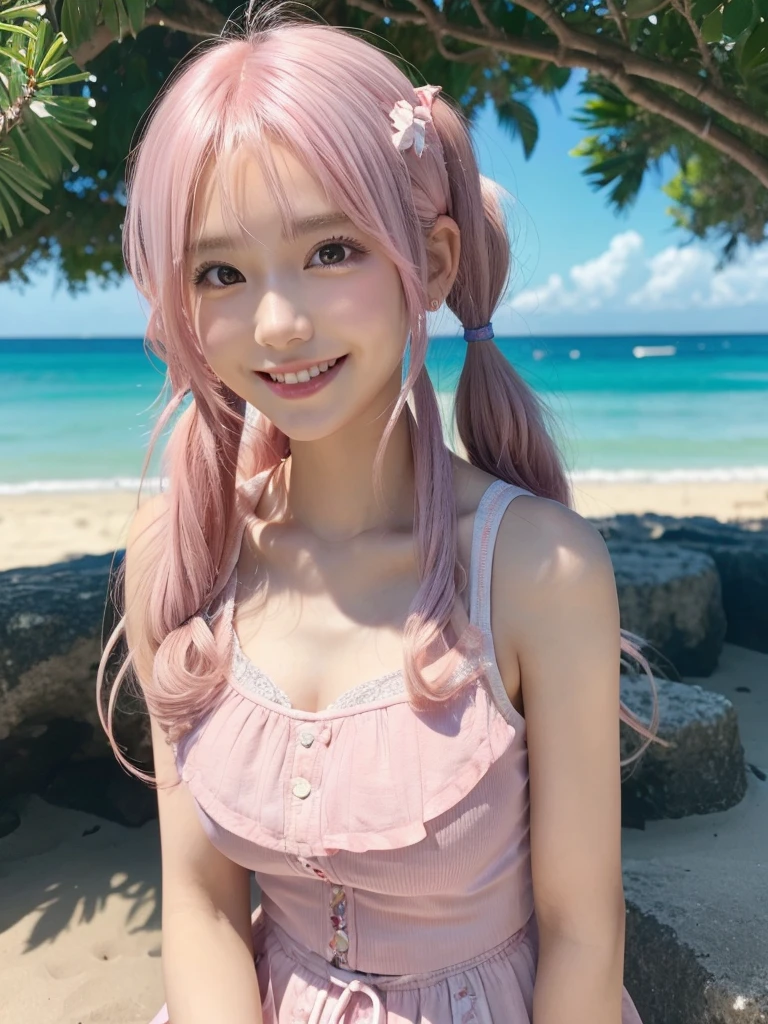 Masterpiece, best quality,3girls, light pink hair,cowboy shot,summer clothes, curly_low_twin_tail_hair,light smile,shaved ice
Beach,