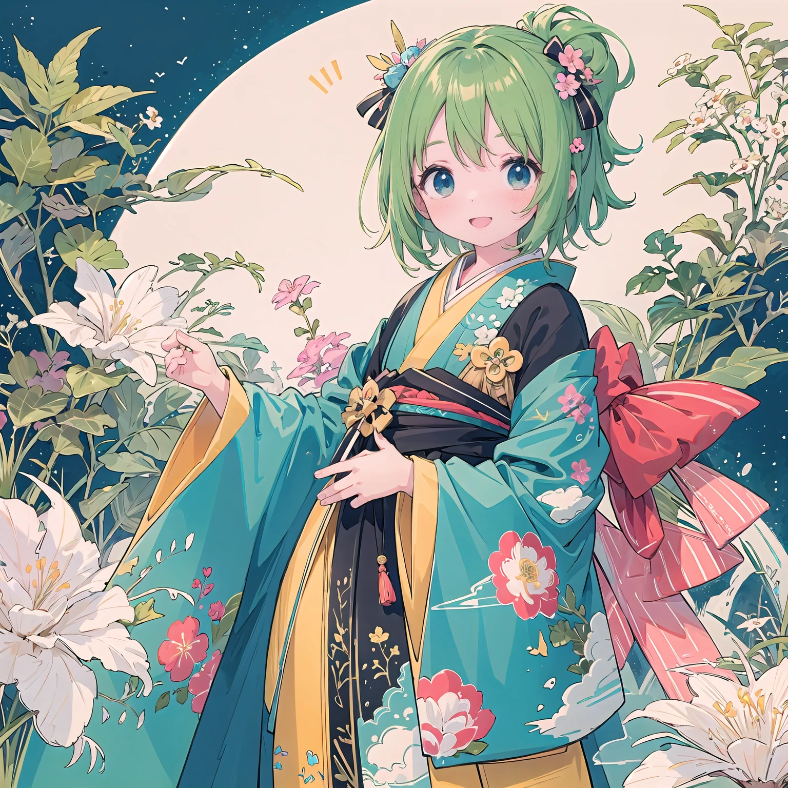 finely detailed illustration, best quality, masterpiece, vibrant color,High resolution、８ｋ、8-year-old、pretty girl、Japanese 、whole body、Happy smile、Beautiful background, 1 Girl 