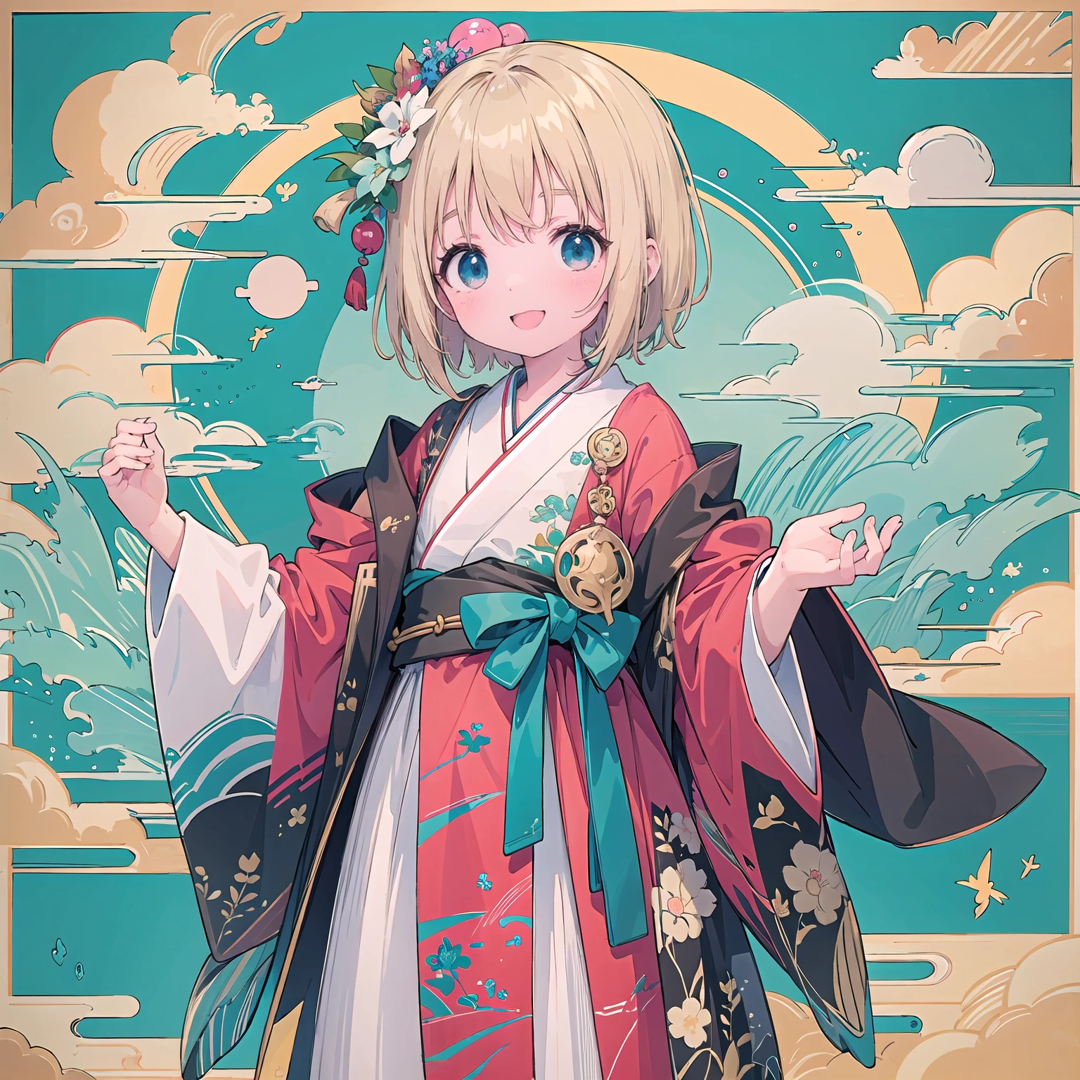 finely detailed illustration, best quality, masterpiece, vibrant color,High resolution、8k、8--old、tty girl、Japanese 、whole body、Happy smile、Beautiful background, 1 Girl