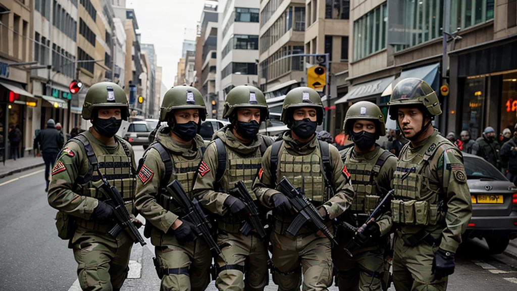 several people use militer army, helmet, mask, carrying guns pointed in one direction